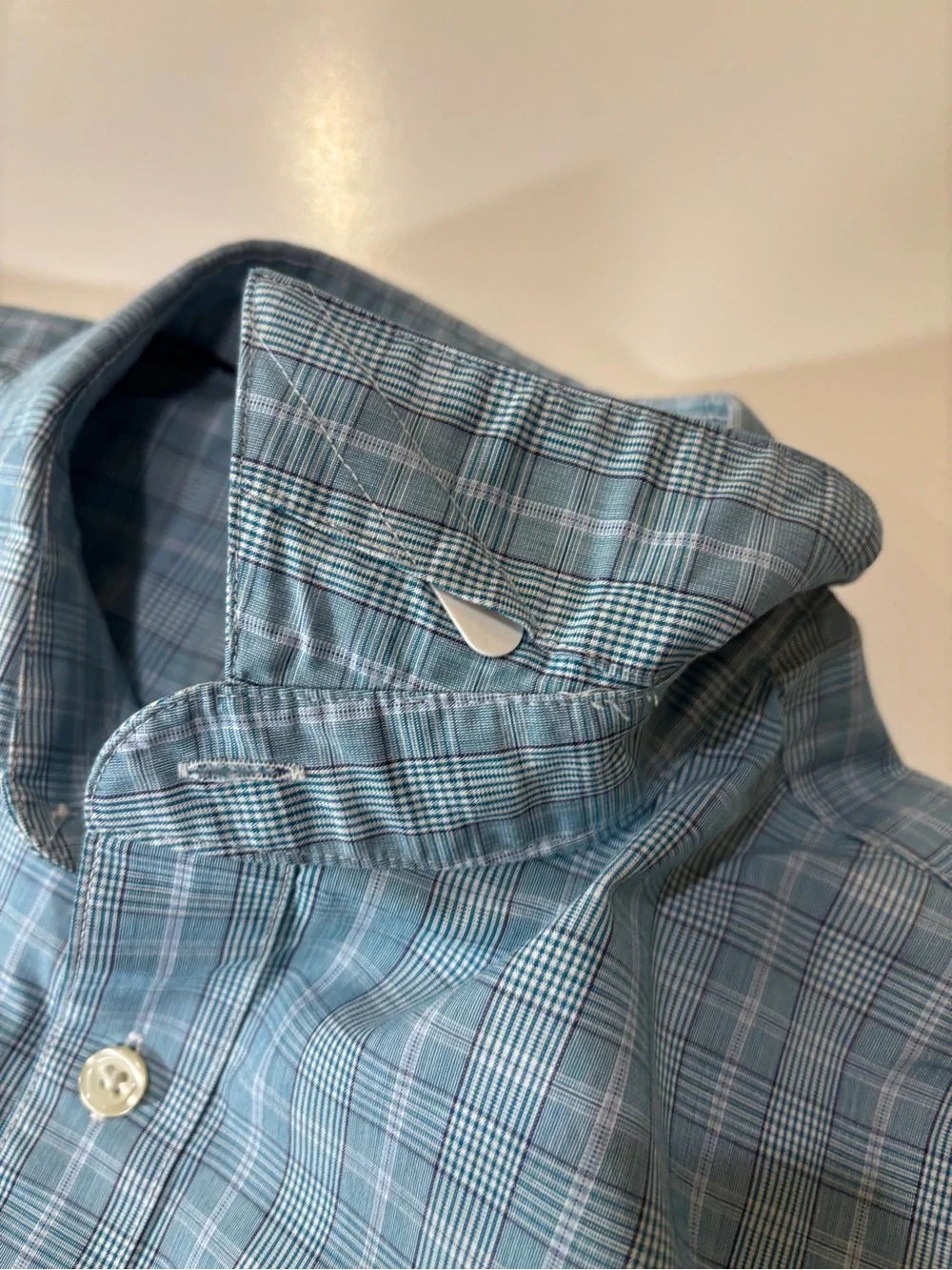 Banana Republic Teal Blue Plaid Buttondown Dress Shirt 15-15.5 Cotton Career